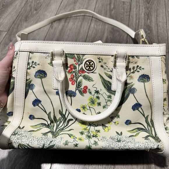 Tory Burch watercolor botanical print Robinson canvas triangle tote handbag - Picture 4 of 9